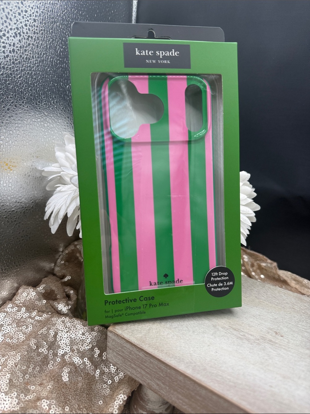 kate spade Pink and Green Vertical Stripe iPhone 17 pro max Case